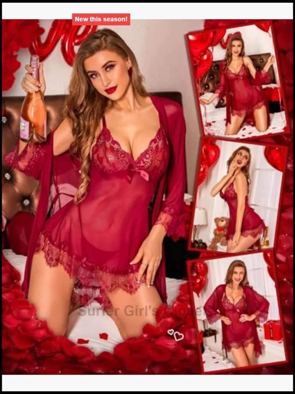 Women's 3 Piece Lingerie Set Babydoll Mesh Lace Robe Thong